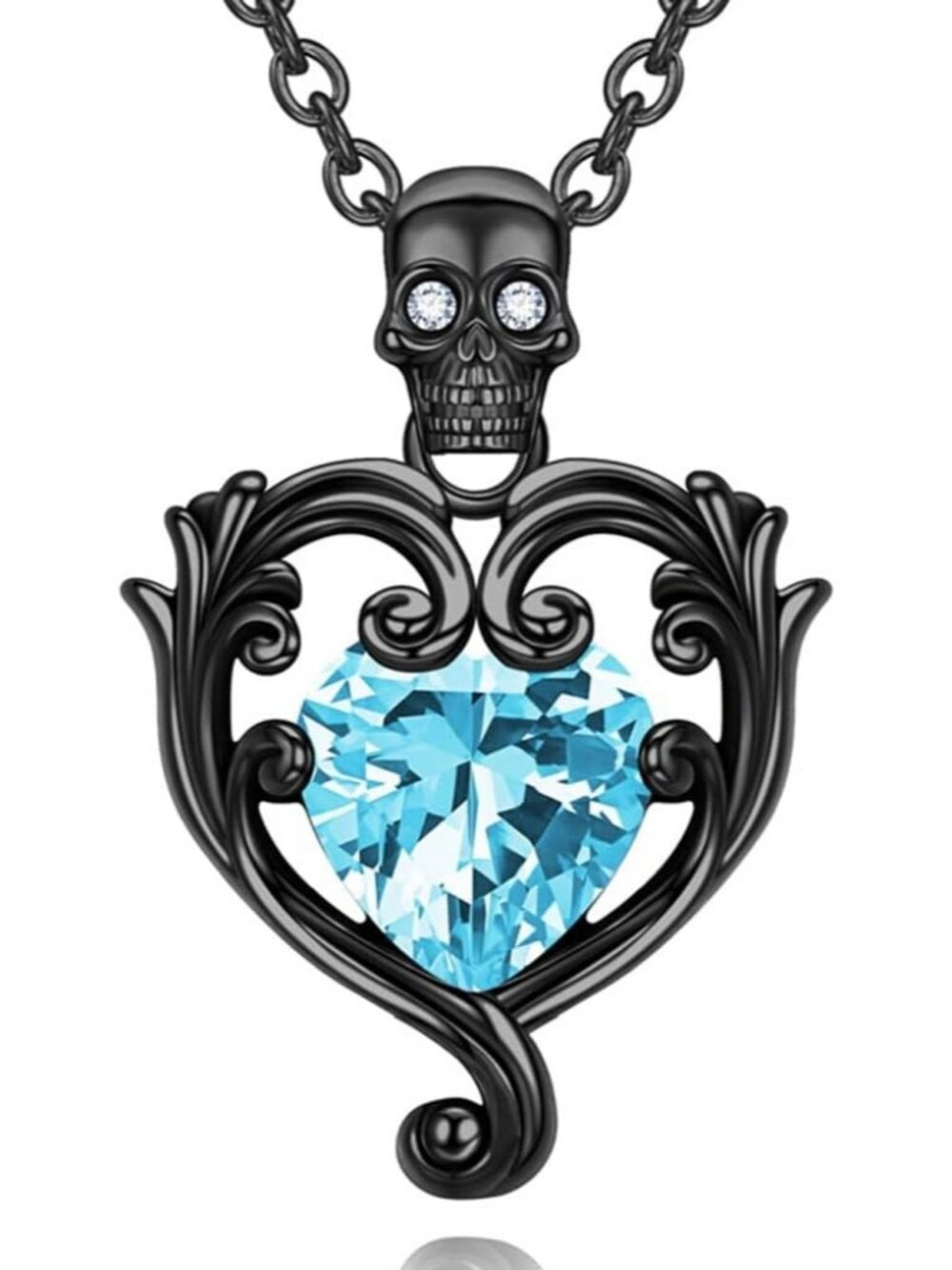 Women's Black Blue Skull Punk Birthstone Heart Crystal Zircon Chain Necklace